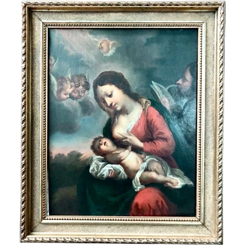 Dipinto olio su tavola con Madonna che allatta Gesu’Bambino.
