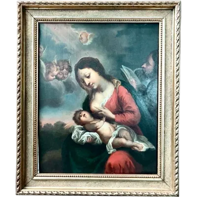 Oil painting on wood depicting the Virgin Mary nursing the Infant Jesus.