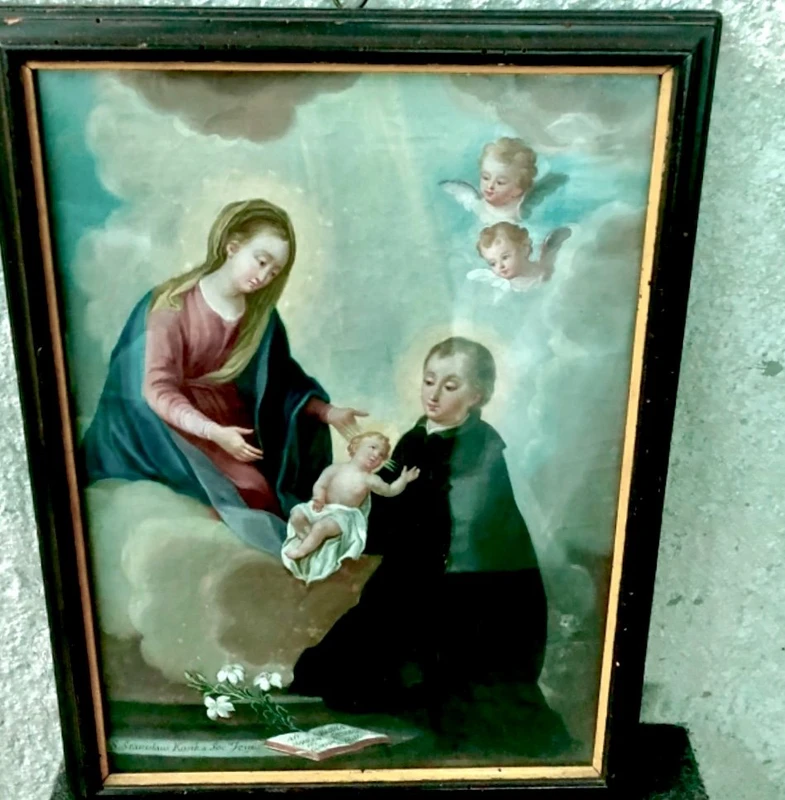 Dipinto olio su tela raffigurante San Stanislao Kostka ,Madonna con Gesu'Bambino