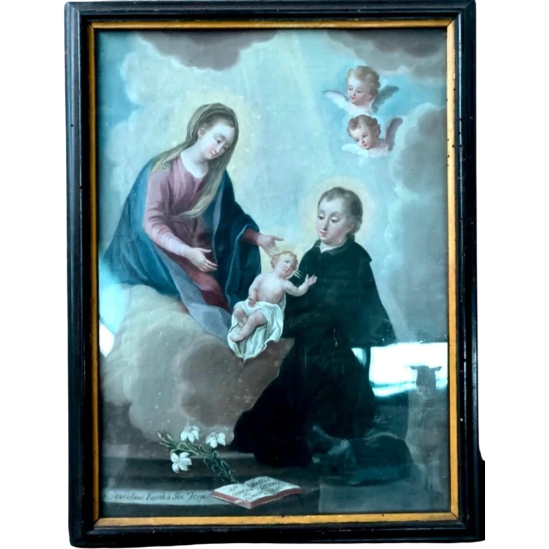 Dipinto olio su tela raffigurante San Stanislao Kostka ,Madonna con Gesu'Bambino