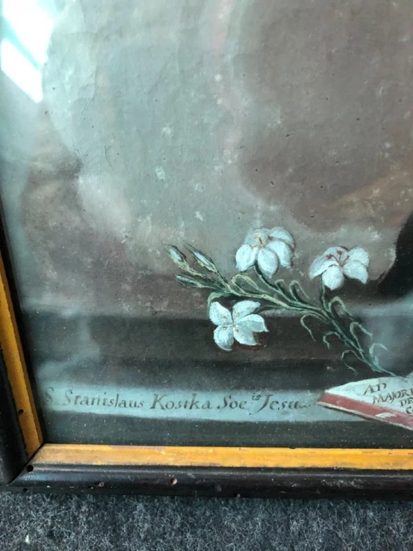Dipinto olio su tela raffigurante San Stanislao Kostka ,Madonna con Gesu'Bambino