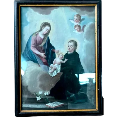 Oil painting on canvas depicting Saint Stanislaus Kostka, the Virgin Mary with the Infant Jesus