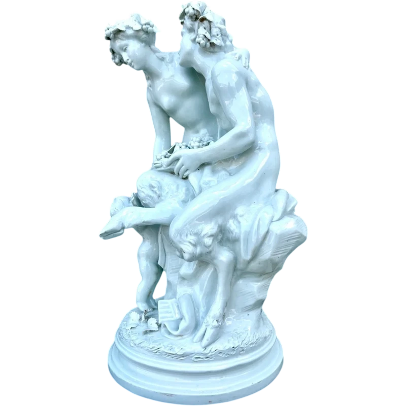 Large porcelain sculpture (masso bastardo) depicting a faun and a nymph with a cherub