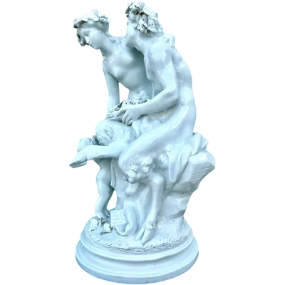 Large porcelain sculpture (masso bastardo) depicting a faun and a nymph with a cherub