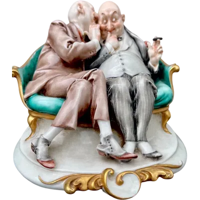 A caricature-style porcelain sculpture depicting a pair of friends whispering in each other's ears.