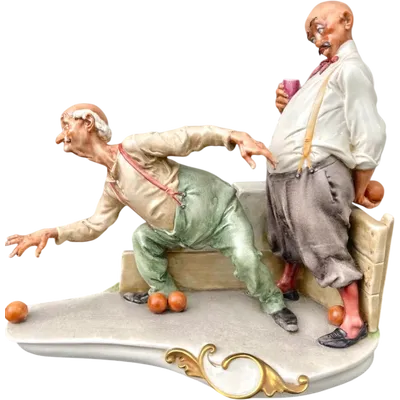 A caricature-style porcelain sculpture depicting bocce players.