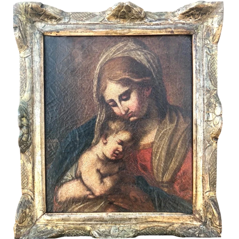 Peinture à l'huile sur toile représentant la Vierge à l'Enfant.