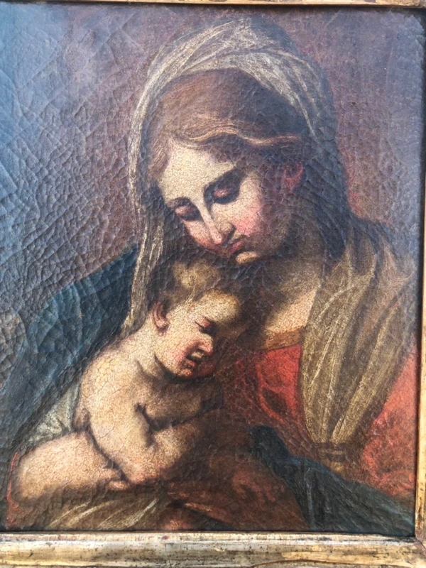 Peinture à l'huile sur toile représentant la Vierge à l'Enfant.