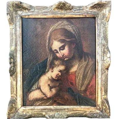 Oil painting on canvas depicting the Virgin Mary with the Infant Jesus.
