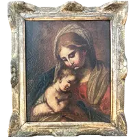 Peinture à l'huile sur toile représentant la Vierge à l'Enfant.