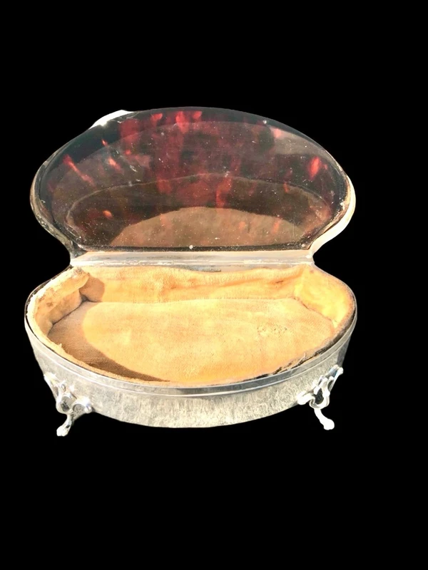 A silver box with a four-legged tortoise design and Art Nouveau floral inlays.