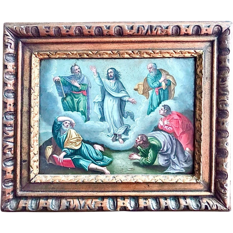 Dipinto olio su rame, raffigurante Gesu’con apostoli.cornice in legno intagliato.