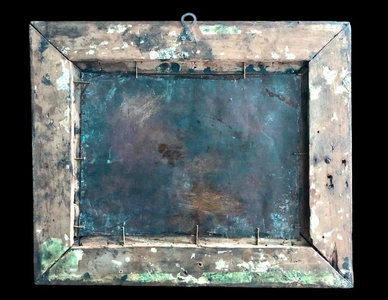 Dipinto olio su rame, raffigurante Gesu’con apostoli.cornice in legno intagliato.