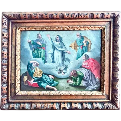 Oil painting on copper depicting Jesus with the apostles. Carved wooden frame.