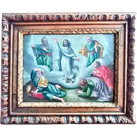 Dipinto olio su rame, raffigurante Gesu’con apostoli.cornice in legno intagliato.