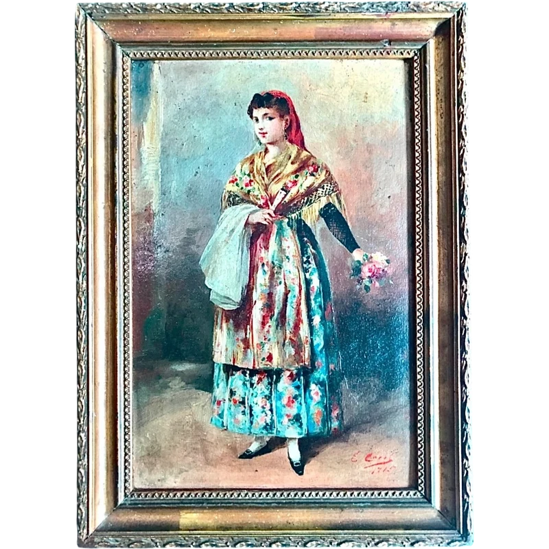 Peinture à l'huile sur toile représentant une femme en costume traditionnel.