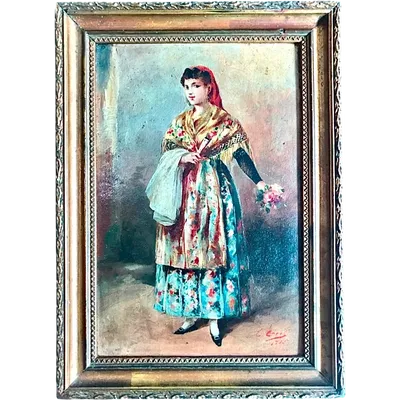 Oil painting on canvas depicting a female figure in traditional dress.