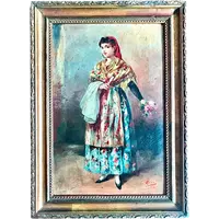 Peinture à l'huile sur toile représentant une femme en costume traditionnel.