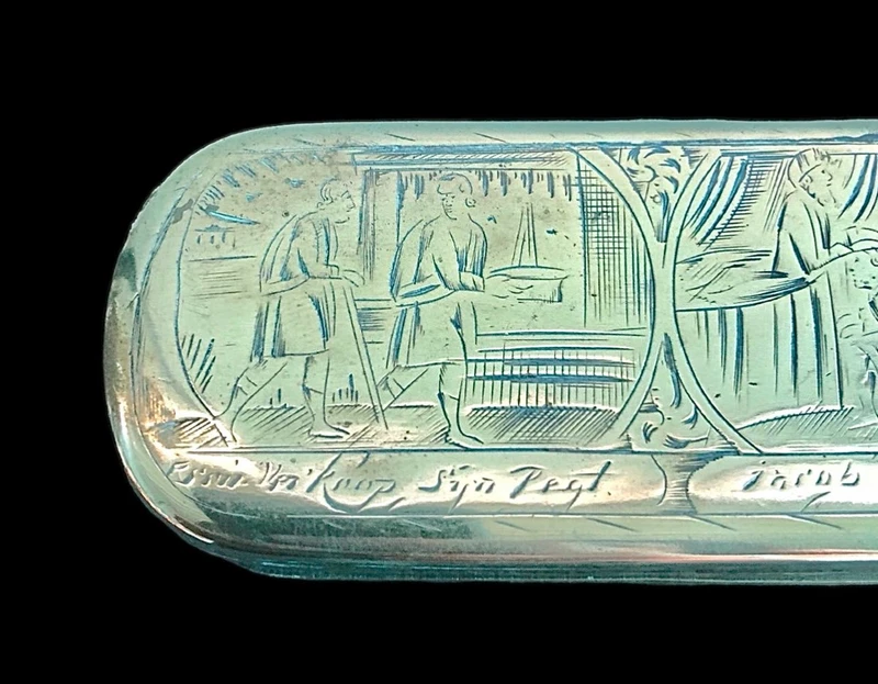Tabatière en laiton gravée de six vignettes représentant la vie de Jacob.