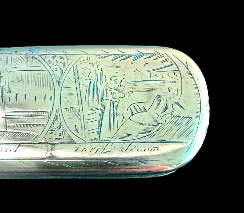 Tabatière en laiton gravée de six vignettes représentant la vie de Jacob.