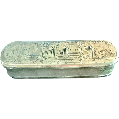 A brass snuffbox engraved with six vignettes depicting the life of Jacob.