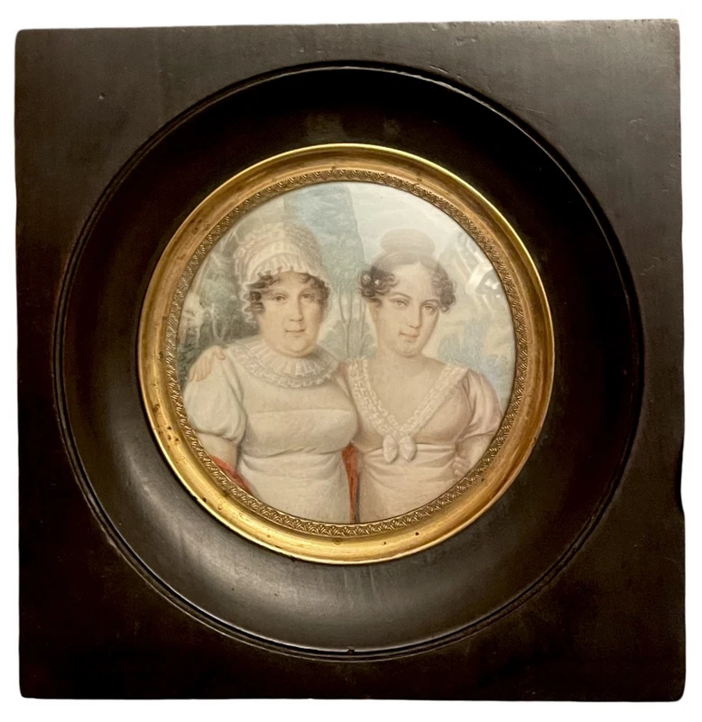 Miniature à l'huile représentant deux figures féminines.