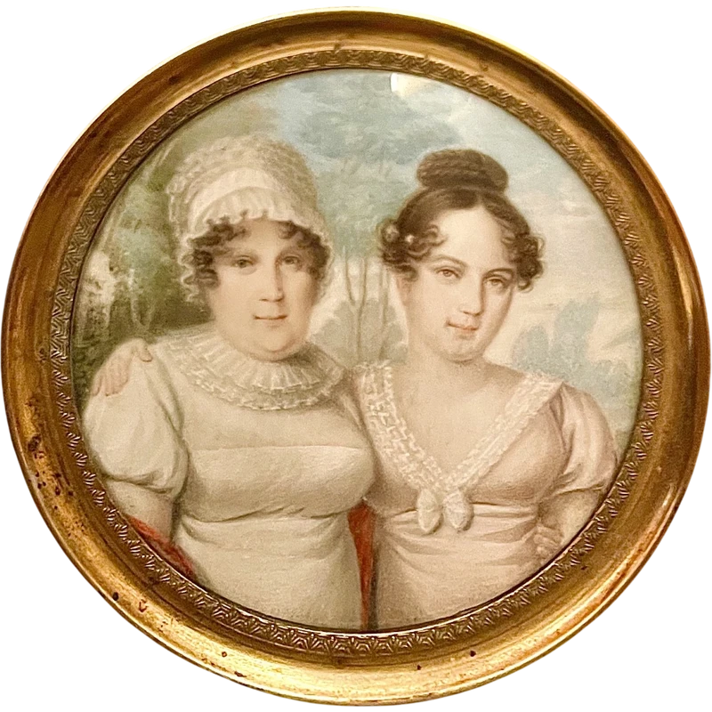 Miniature à l'huile représentant deux figures féminines.