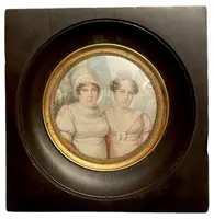 Miniature à l'huile représentant deux figures féminines.