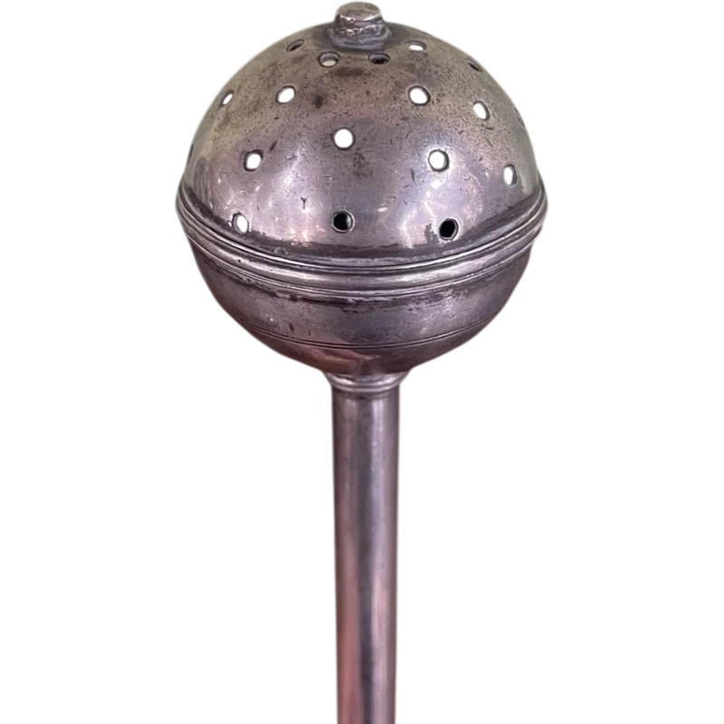 A spherical silver holy water sprinkler,
