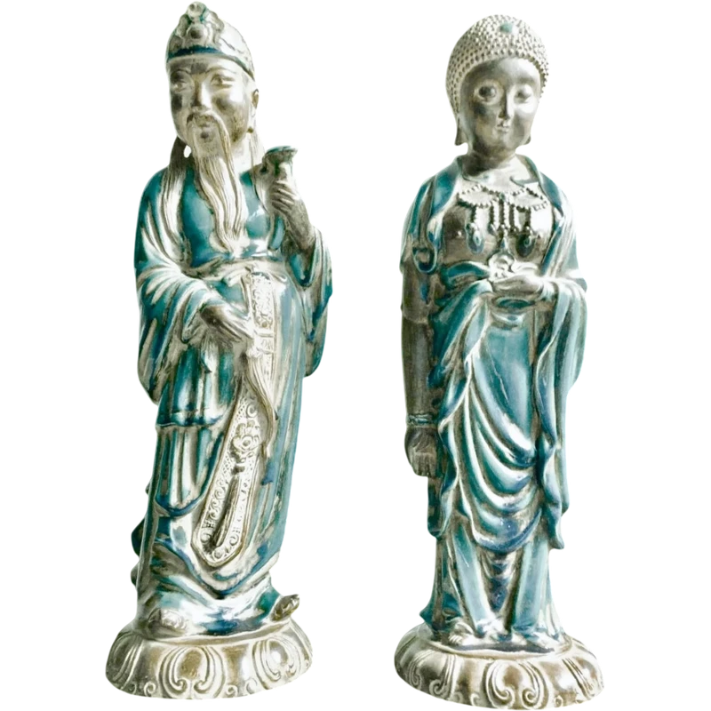 Paire de figurines orientales en terre cuite partiellement émaillée