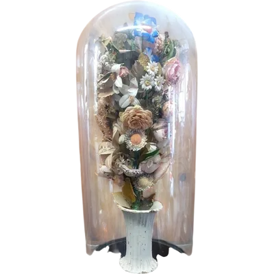 Antica Campana in vetro soffiato vaso in ceramica e fiori di stoffa XIX sec.
