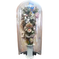 Cloche ancienne en verre soufflé, vase en céramique et fleurs en tissu, XIXe siècle.