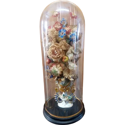 Antica Campana in vetro soffiato vaso in ceramica e fiori di stoffa XIX sec.