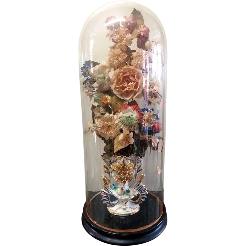 Antica Campana in vetro soffiato vaso in ceramica e fiori di stoffa XIX sec.