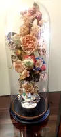 Antica Campana in vetro soffiato vaso in ceramica e fiori di stoffa XIX sec.