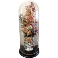 Antica Campana in vetro soffiato vaso in ceramica e fiori di stoffa XIX sec.