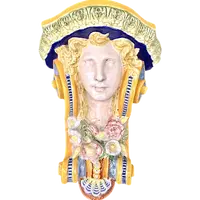 Majolica shelf featuring a neoclassical face and floral and geometric motifs in relief... Minardi