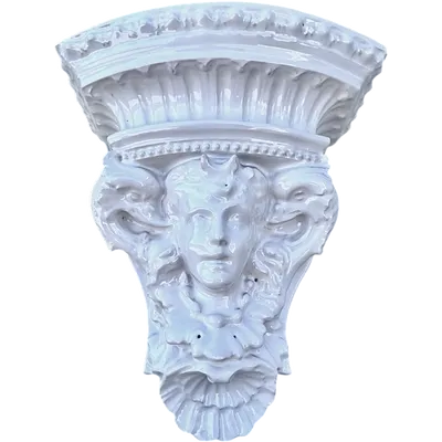 White majolica shelf featuring a female figure, dolphins, and geometric marine motifs. Faenza
