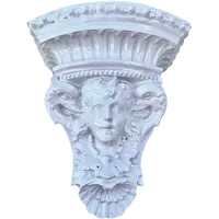 White majolica shelf featuring a female figure, dolphins, and geometric marine motifs. Faenza