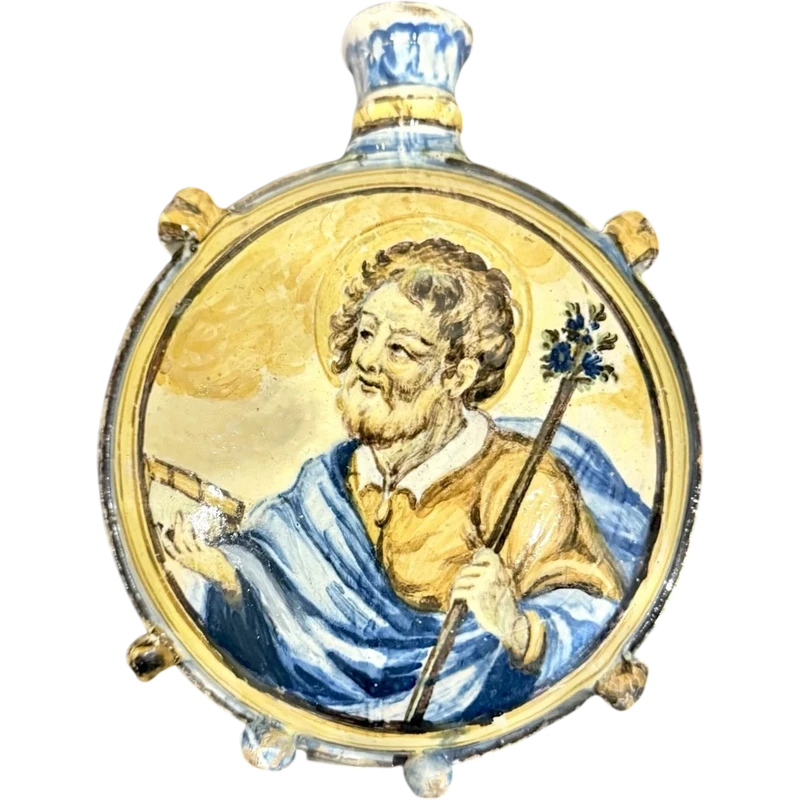 Flacon de pèlerin en majolique représentant saint Antoine de Padoue et la Vierge Marie. Castelli