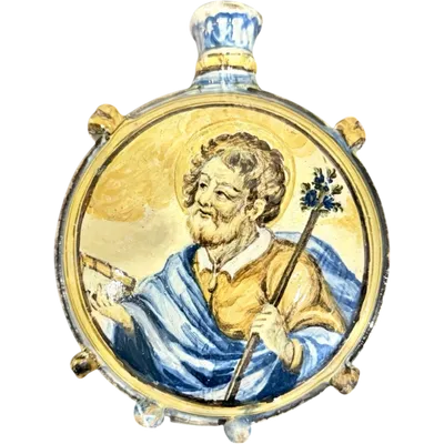 Majolica pilgrim flask depicting Saint Anthony of Padua and the Virgin Mary. Castelli