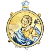 Flacon de pèlerin en majolique représentant saint Antoine de Padoue et la Vierge Marie. Castelli