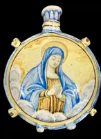Flacon de pèlerin en majolique représentant saint Antoine de Padoue et la Vierge Marie. Castelli