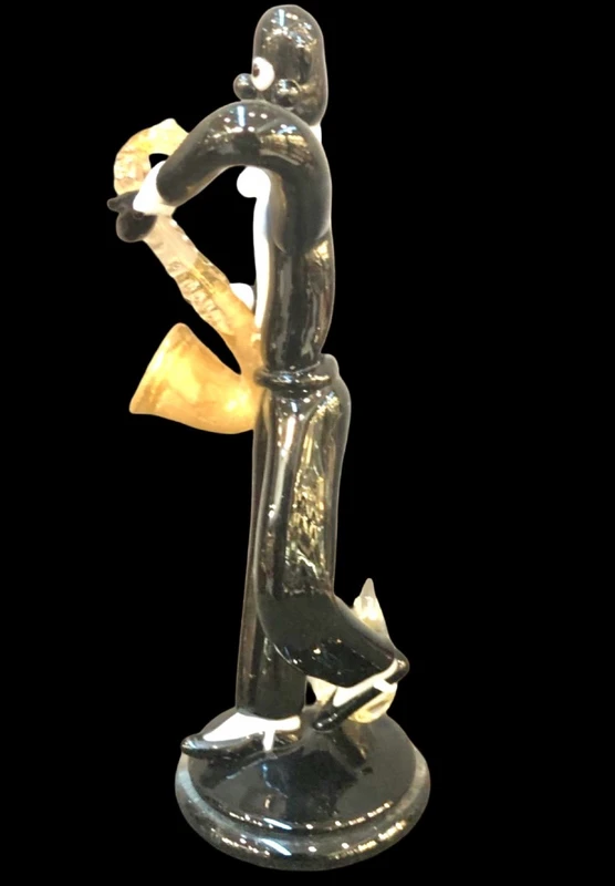 Figurine de musicien de jazz en verre noir épais. Seguso, Murano.