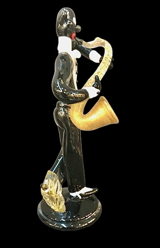 Figurine de musicien de jazz en verre noir épais. Seguso, Murano.
