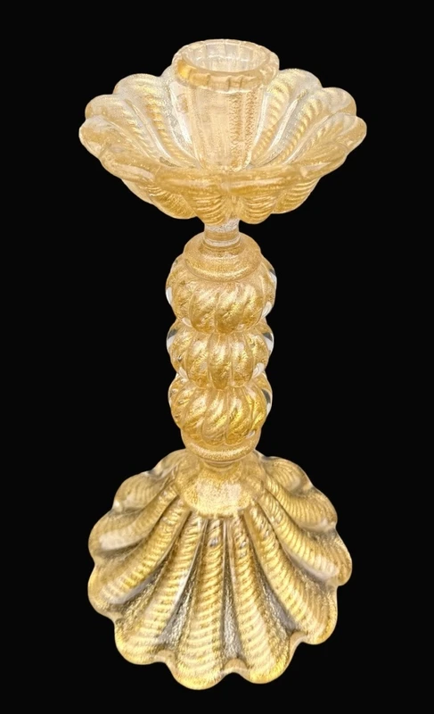 Candeliere in vetro pesante ‘cordonato oro’ con base e coppa baccellata .Barovier & Toso.