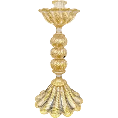 Heavy glass candlestick with “gold cord” design, featuring a pod-shaped base and bowl. Barovier & Toso.