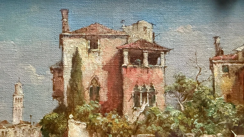 Dipinto olio su tela raffigurante veduta veneziana.Firma E. Zeno.