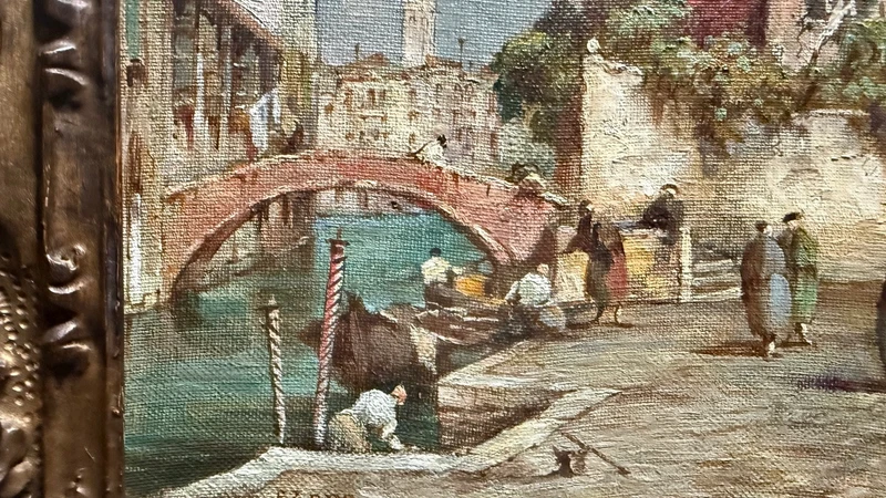 Dipinto olio su tela raffigurante veduta veneziana.Firma E. Zeno.