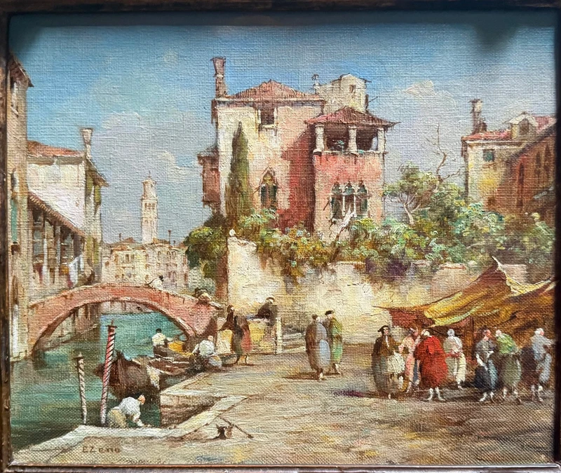 Dipinto olio su tela raffigurante veduta veneziana.Firma E. Zeno.